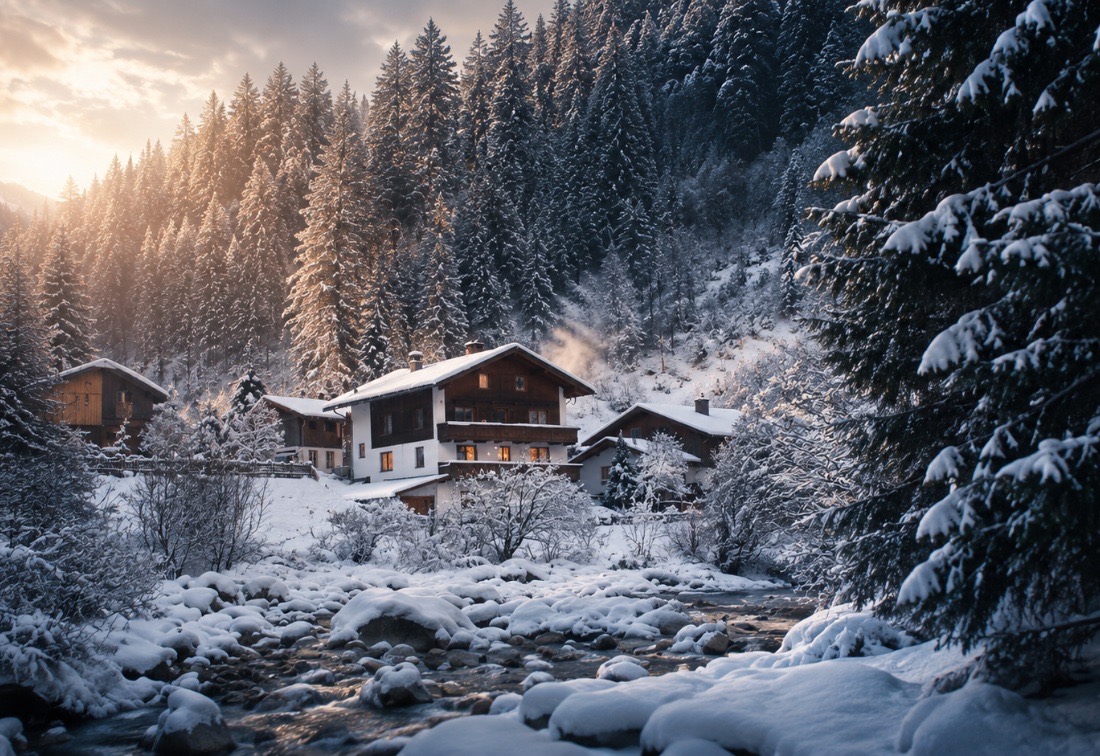 Backyard Mountain house in winter, snow along the mountain stream in Ginzling