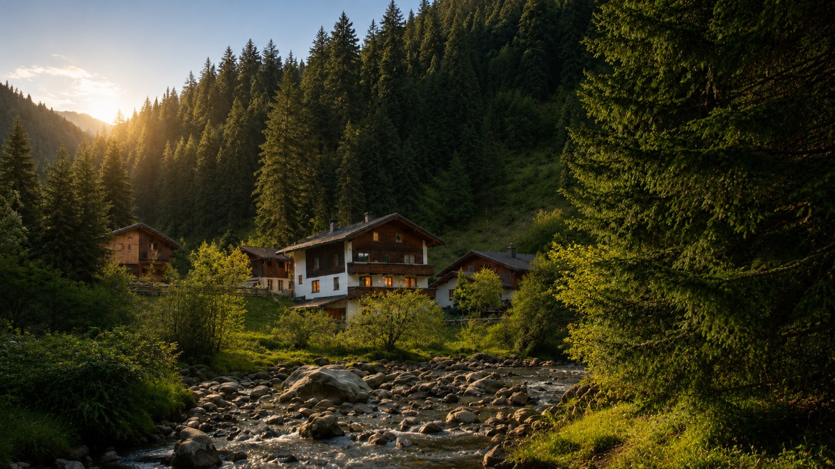 Backyard Mountain house in summer beside the mountain stream in Ginzling